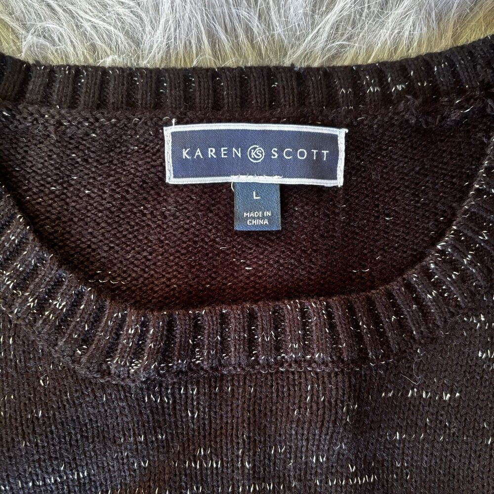 Karen Scott Sweater Sz L Embellished Metallic Christmas Whimsy Black Festive - Picture 4 of 9